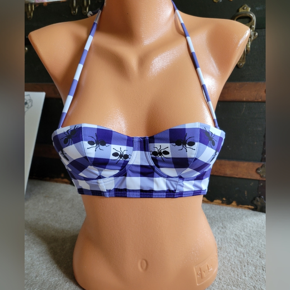 Lindy Hop Modcloth Purple White Gingham Picnic Print Ants XS Retro HTF